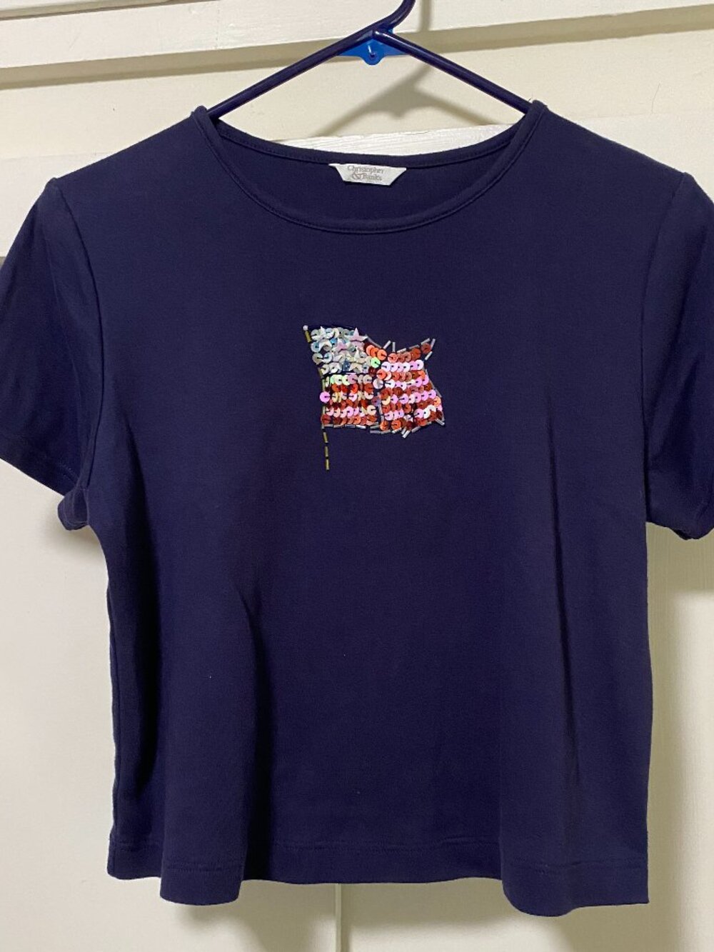 Christopher & Banks, short sleeve, navy crop top w/sequin flag, size S/M